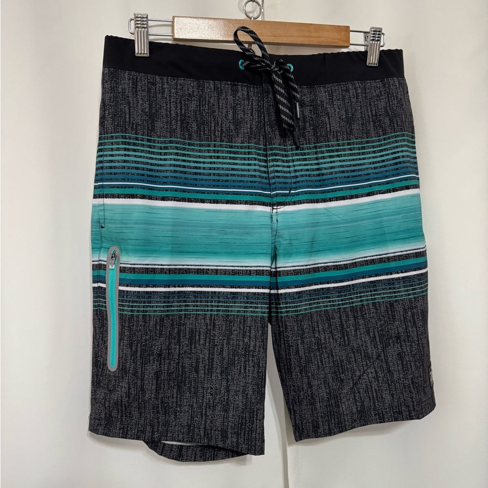 ZeroXposur‎ Black and Teal Striped Board Shorts